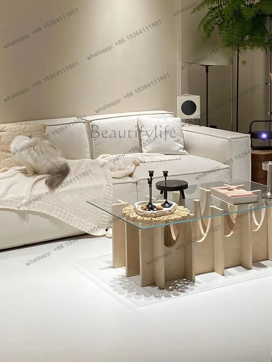 北欧風シンプルオーシャンプレートガラスコーヒーテーブル、ミニマリスト家具、小さなアパートのリビングルーム、ログスタイルティーテーブル