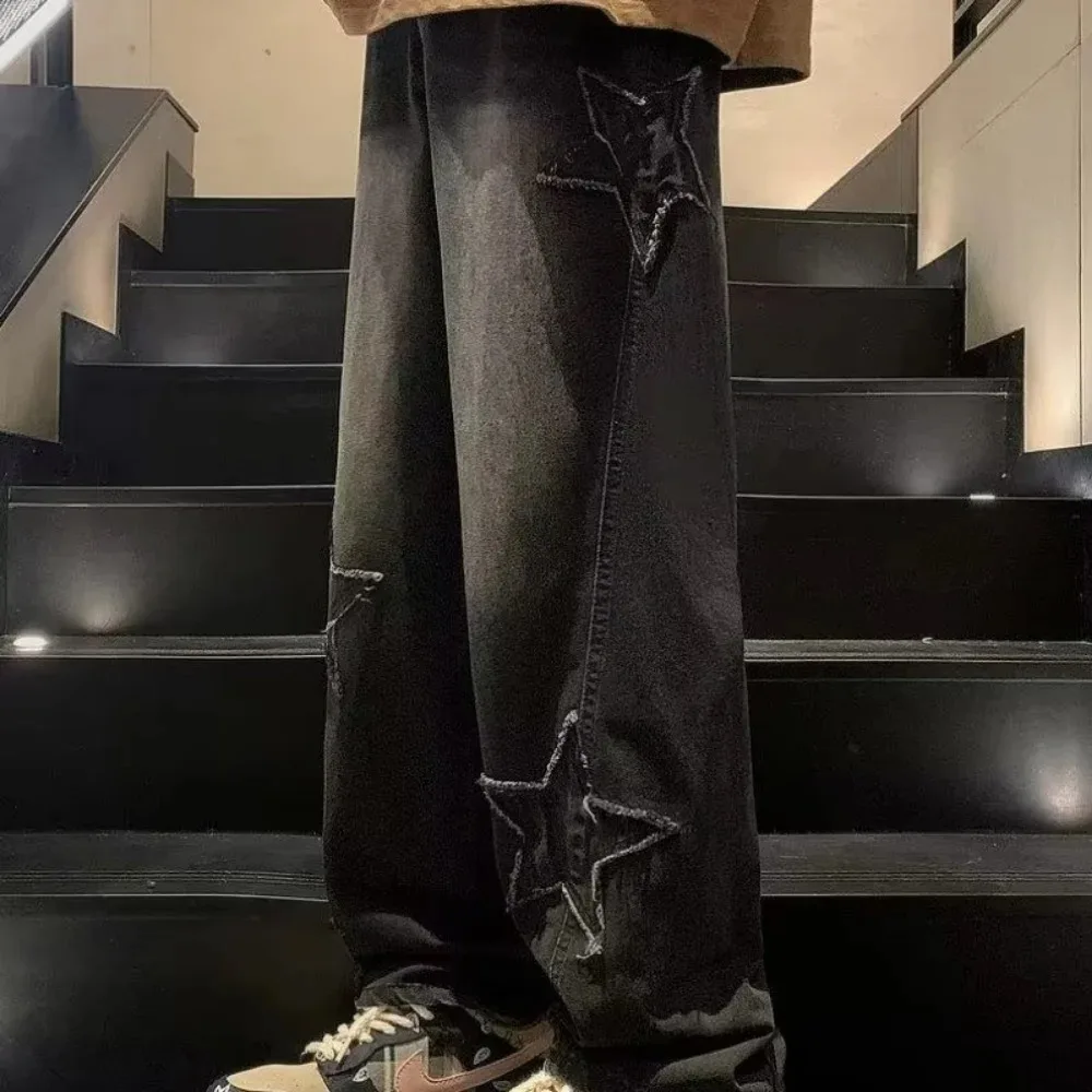 Fashion Star Embroidery Straight Casual Men Jeans Gothic Neutral Wide Leg Loose Hip-hop Fashion Youth Streetwear Denim Trousers