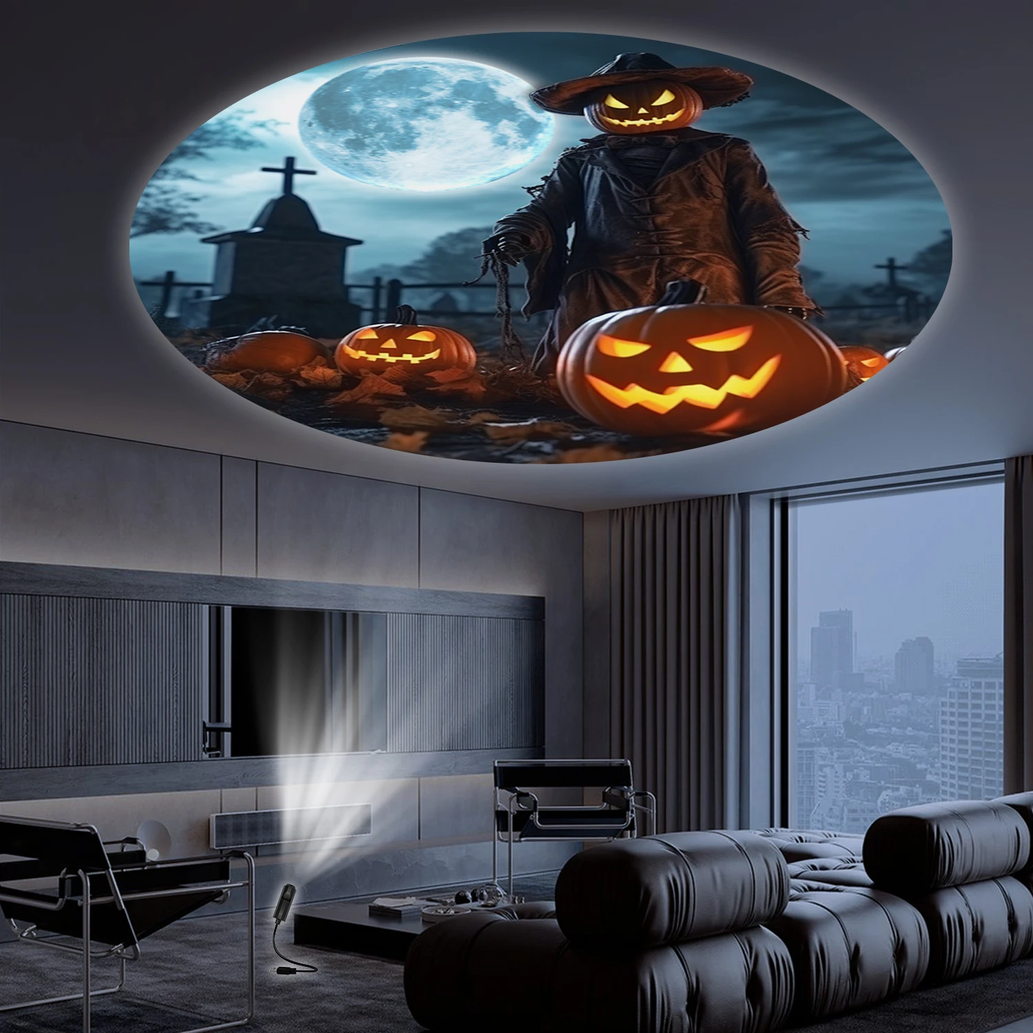 

Проекционная лампа «Луна и тыква» на Хэллоуин, многоугольное регулируемое вращение, электронная лампа с интерфейсом USB, освещение лампы на Хэллоуин