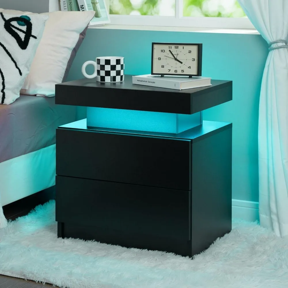 Nightstand Set of 2 LED Nightstand with 2 Drawers luxury Table with Drawers for Bedroom Side Bed Table with LED Customized