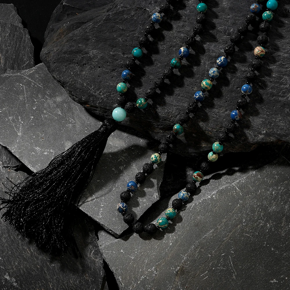 1PC Retro Gothic Black Volcano Stone Blue Green Semi Precious Glass Beads Beaded Men's Tassel Necklace Holiday Party Gift