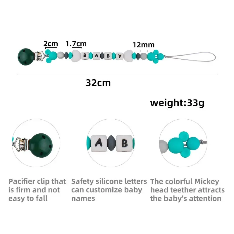 YUAN Baby Personalized Name Custom Pacifier Clips Nipple Dummy Holder Chain Infant Feeding Toddler Teething Toys Pacifier Chains
