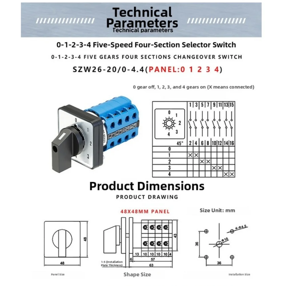 Industrial 20A Five Gear Changeover Switch with 690V Rated Insulation Voltage and Robust Construction SZW26 20/0 4.4