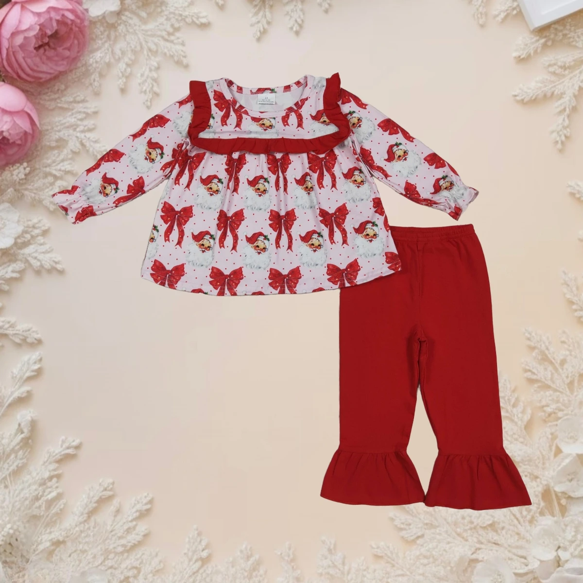 

3m-16year Baby Girl Clothes Boutique Toddler Kids Fall Winter Sets Christmas Long Sleeve Santa Bows Tunic Ruffle Pants Outfits
