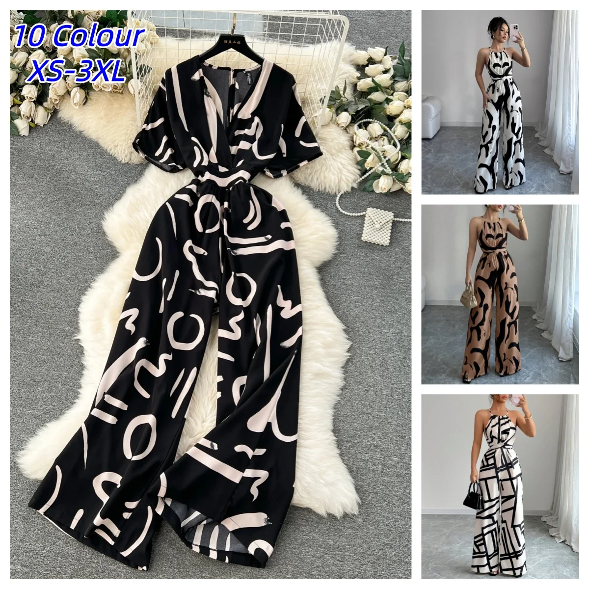 Women's Sexy Halter Neck Jumpsuits Casual Pants Rompers for Women Geometric Print Jumpsuit Party Outfits for Women Ropa Mujer