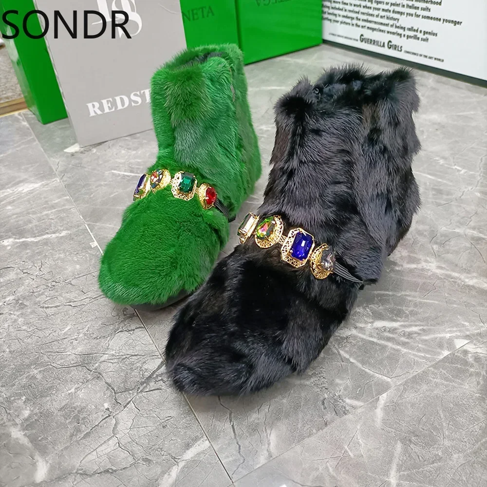 Womens Round Toe Rainbow Diamond Real Mink Fur Ankle Boots Snow Warm Winter Shoes Crystal Thick Furry 7Colors Luxury New 2024