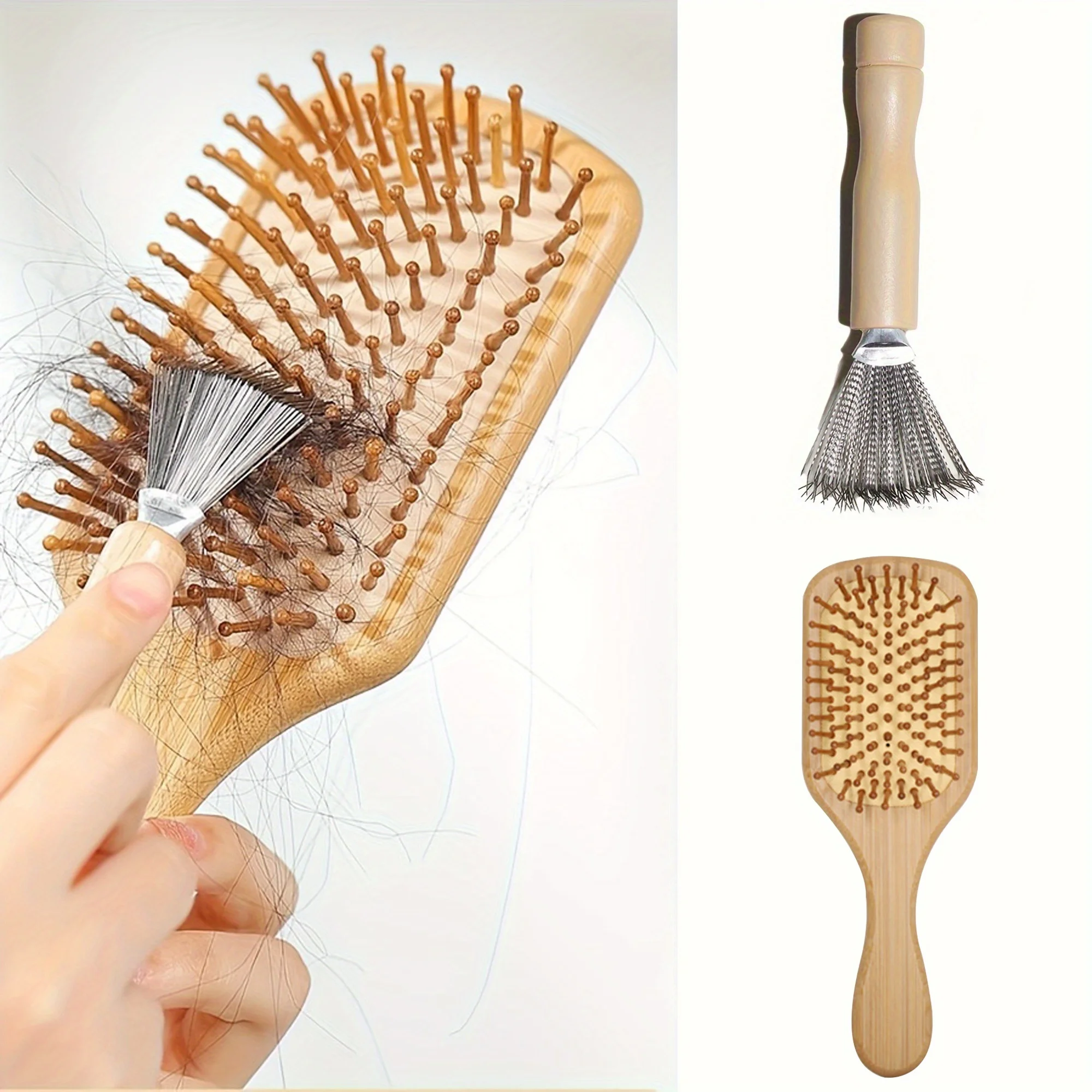 

1 шт., набор расчесок для волос и 1 шт., очиститель щетки для волос с зубчатой деревянной ручкой из нержавеющей стали, бамбуковая массажная расческа