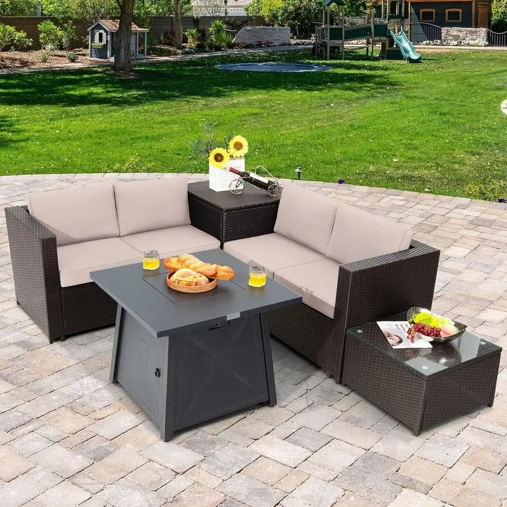 

5-Piece Outdoor Wicker Patio Furniture Set with 30 Fire Pit Table and Thick Cushions (Beige)