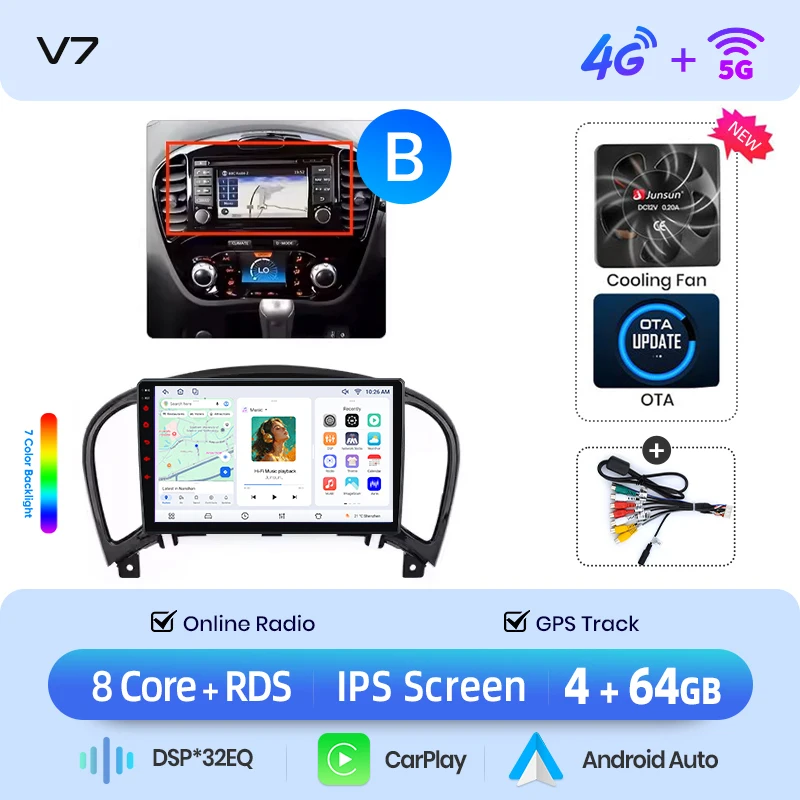 Junsun draadloze CarPlay Android Auto autoradio voor Nissan Juke (F15) 2010-2019 met ingebouwde koelventilator, Android GPS navigatie, multimediaspeler, WiFi, DSP, RDS, BT, SWC, IPS touchscreen,