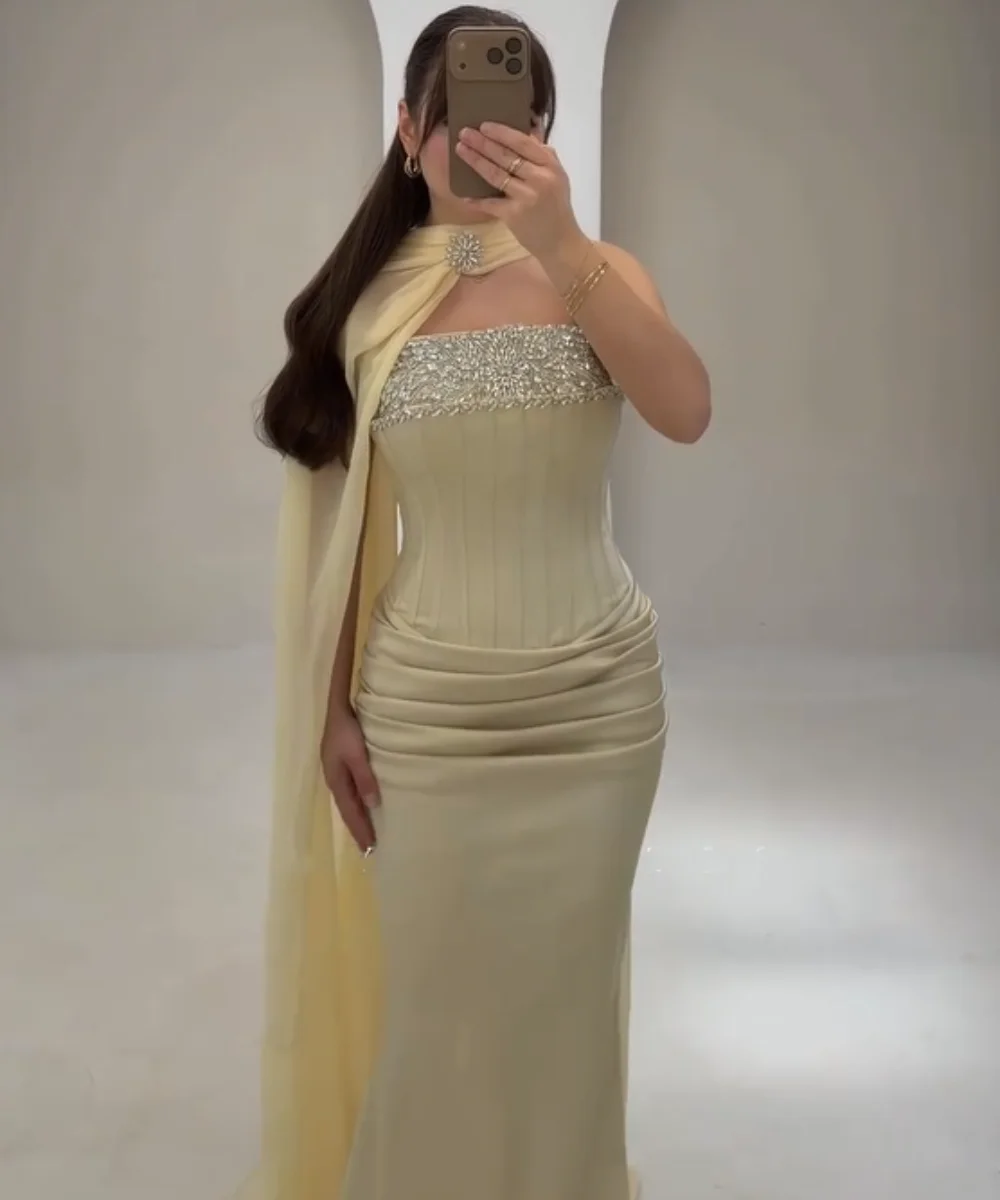 Customized Chinese Style Charmeuse Pleat Sequined Trumpet Strapless Long Luxury Party Prom Dresses Fashion