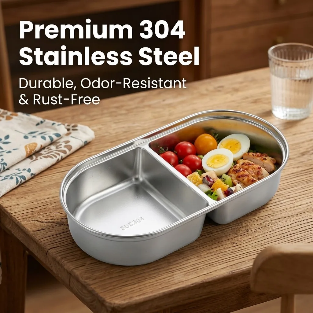 WORTHBUY Ovalisolierte Lunchbox aus Edelstahl 304, für Kinder, Studenten, tragbar, auslaufsicher, geteilter Lebensmittelbehälter, mikrowellengeeignet – Detail 9
