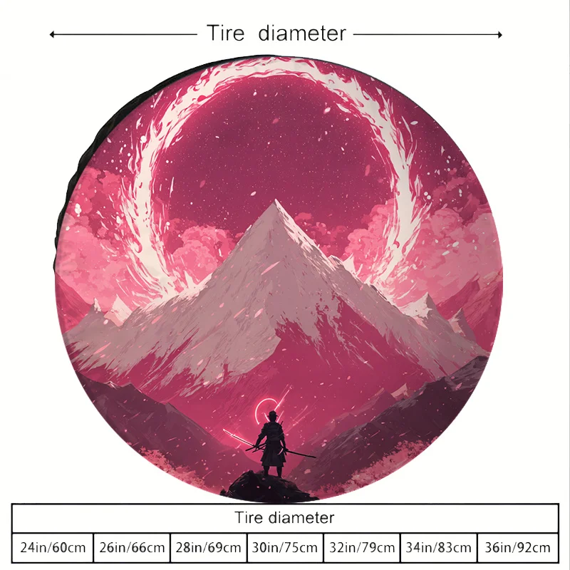 Polyester Car Tire Cover With Lonely Samurai And Pink Cherry Blossom Mountain Scene Design, Fits Various Vehicle Models For Spar