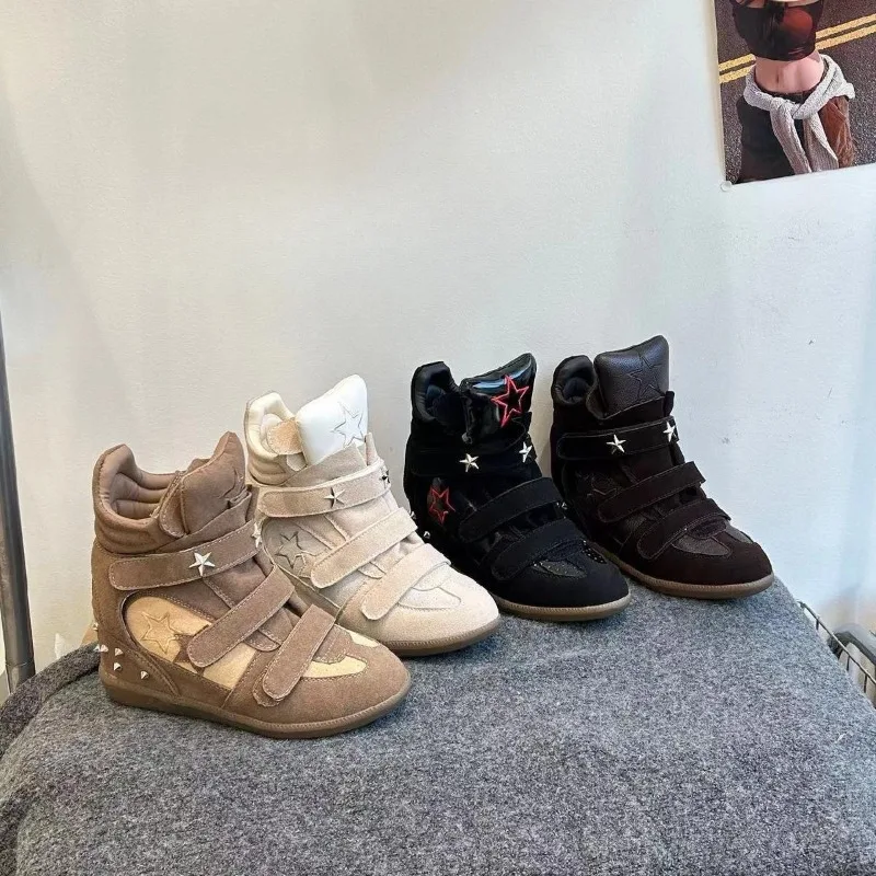 

Luxury Brands Women's High-top Color Matching Flat-soled Casual Shoes Velcro Sneakers Quality Women Boots 2026 Heightening Shoes