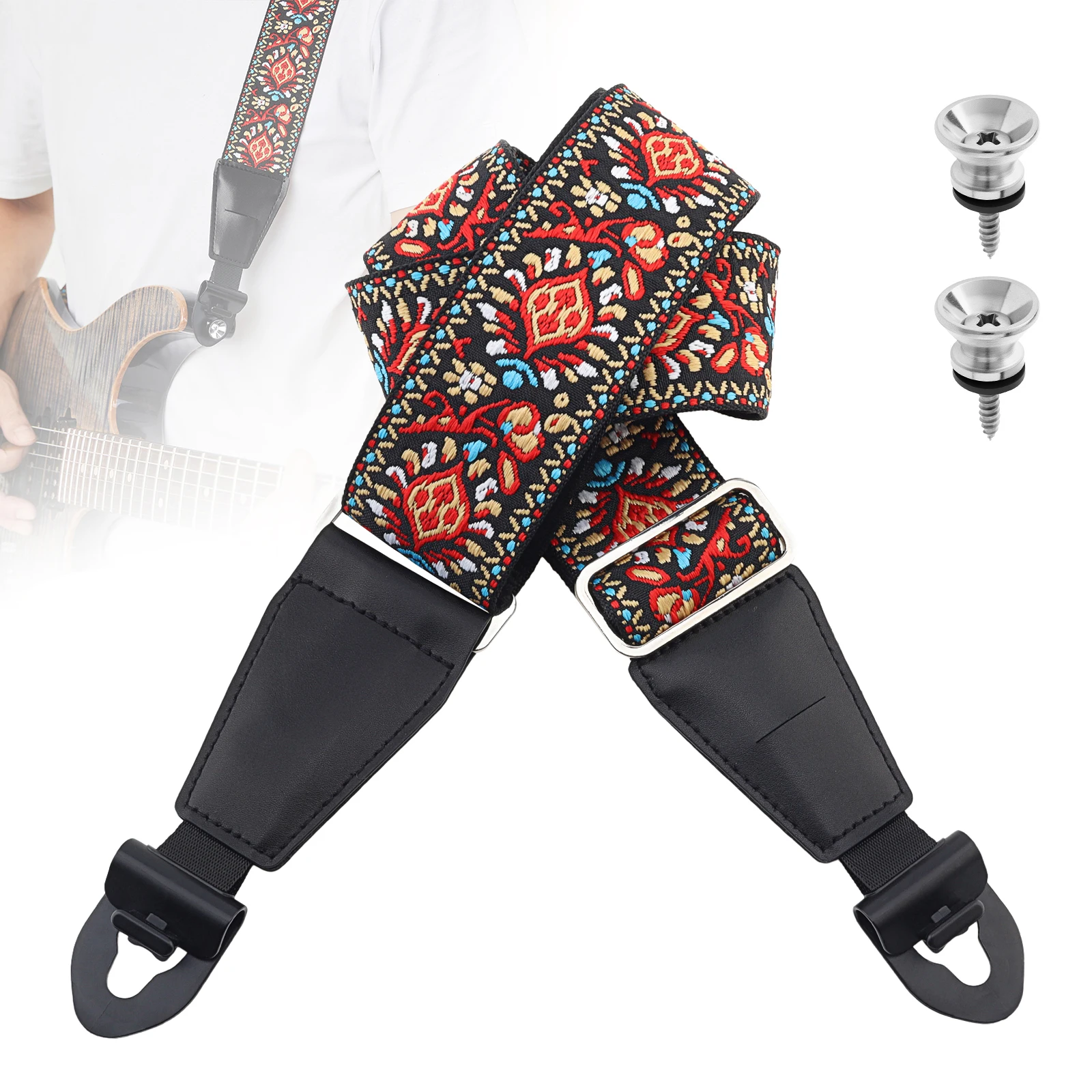Quick Lock Release Anti-Slip Embroidered Cotton Guitar Strap for Electric Acoustic Bass, 2 Lock Pins, Cable Clip, Pick Slot