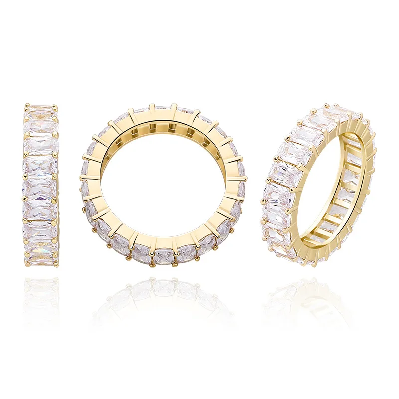 Full Baguette Cubic Zirconia Ring Hip Hop Iced Out Band Ring Real Gold Plated Rectangle Zircon Bling Finger Jewelry Wholesale