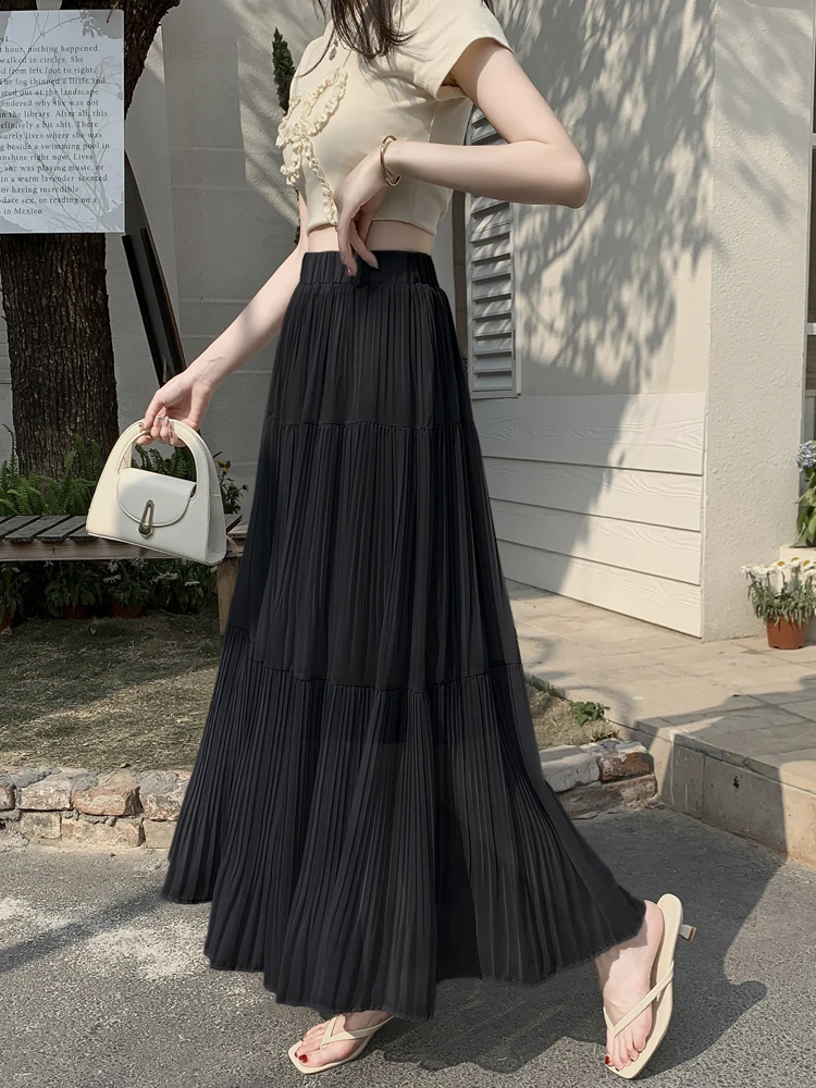 Biała Szyfonowa Plisowana Długa Spódnica w Kształcie Litery A Damska Letnia Nowa Elegancka Spódnica Midi z Wysokim Stanem i Szerokim Dołem w Kształcie Parasola Wyszczuplająca