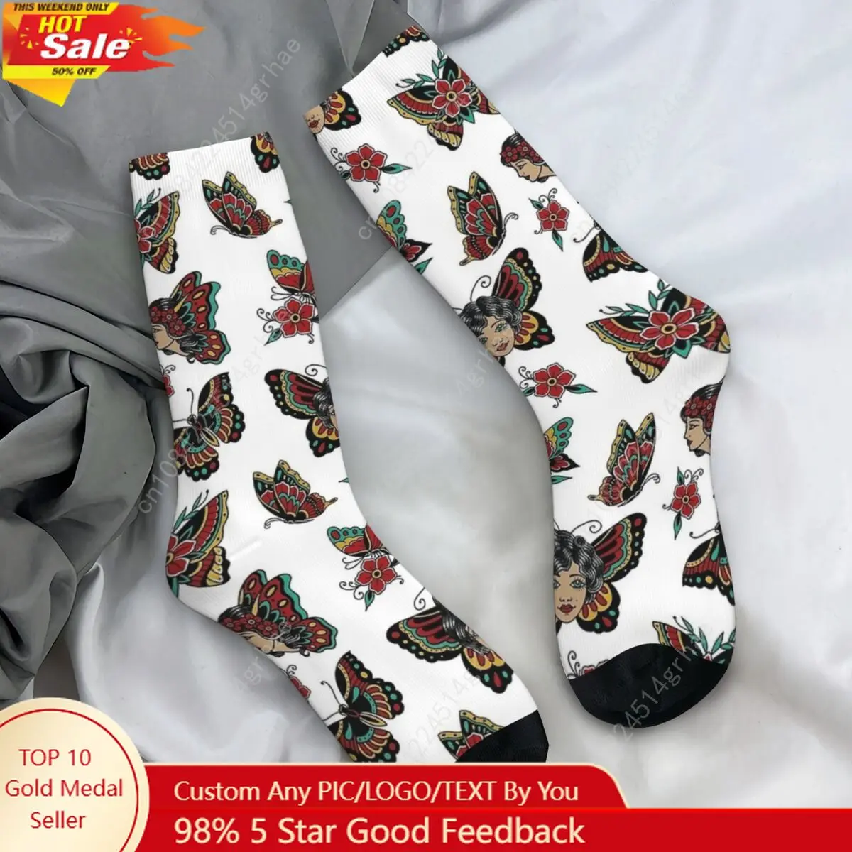 American Traditional Butterfly Tattoo Flash Pattern Socks Autumn Animal Stockings Gothic Men Medium Socks Anti Bacterial Socks