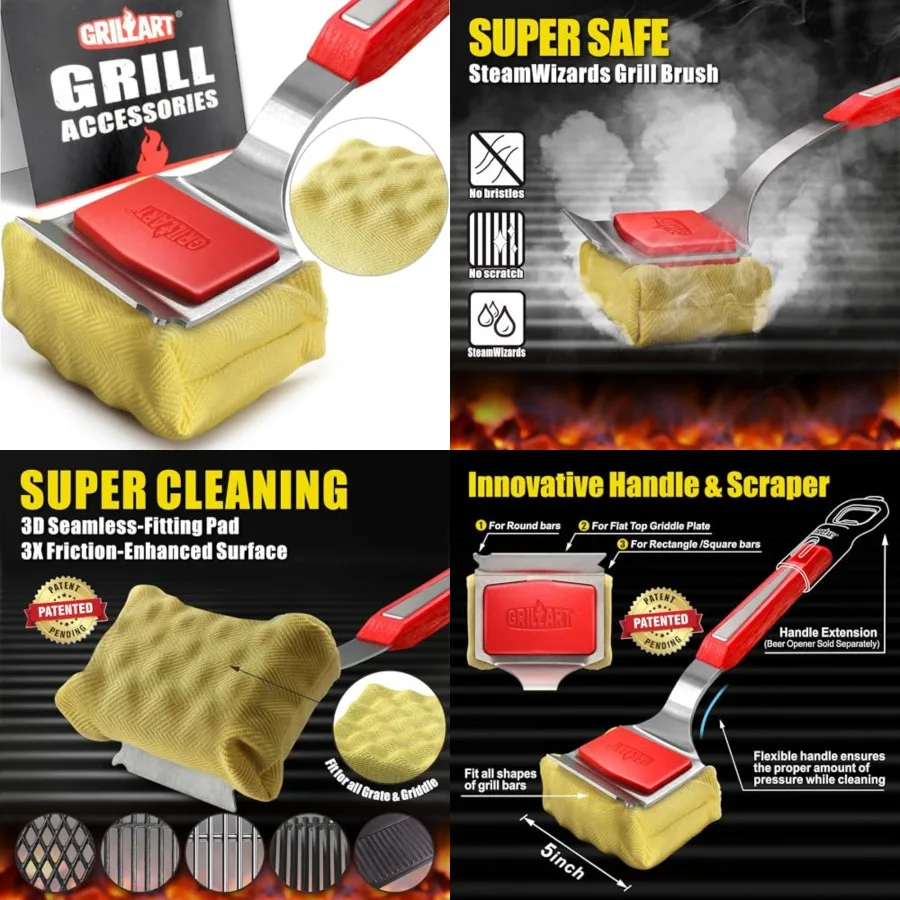 

Bristle Free. SteamWizards BBQ Replaceable Cleaning Head, Unique Seamless-Fit Scraper Tool for Cast Iron/Stainless-Steel Grates