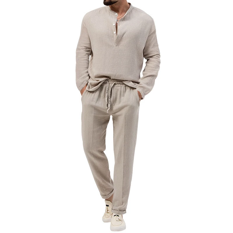 

Casual Solid Button Shirts Two Piece Set Fashion Men Clothing Loose V Neck Long Sleeve Tops&Pants Suits Male Summer Tracksuit