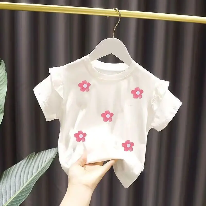 Summer Baby Clothes Girls T-shirt Cotton Flowers Tops Tees O-neck Full Fashion Children\'s Outerwear 2023