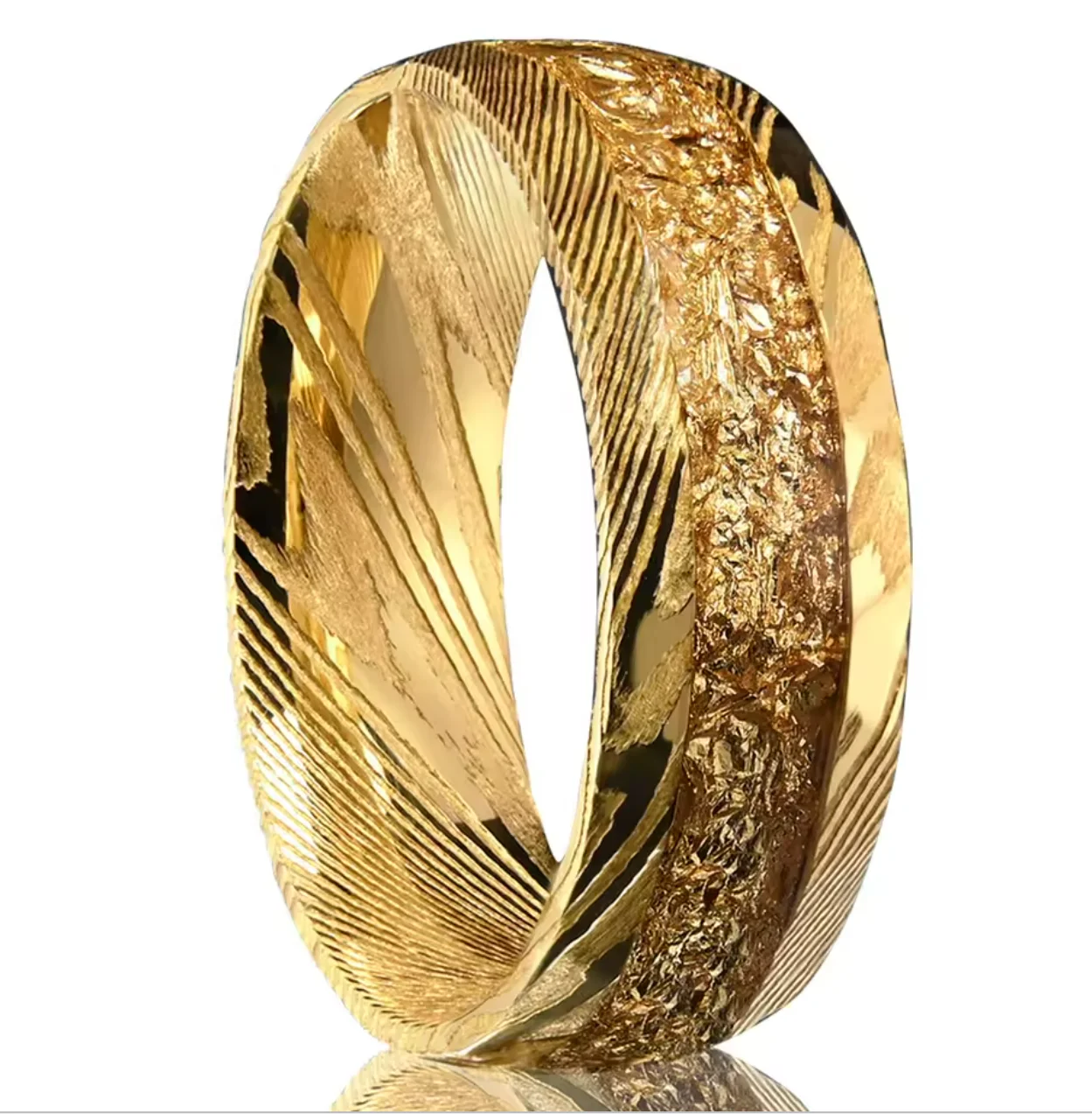 Free Shipping 8mm 18K Yellow Gold Plated Damascus Ring Men Wedding Band Gold Leaf Inlay Damascus Steel Ring High Quality Jewelry