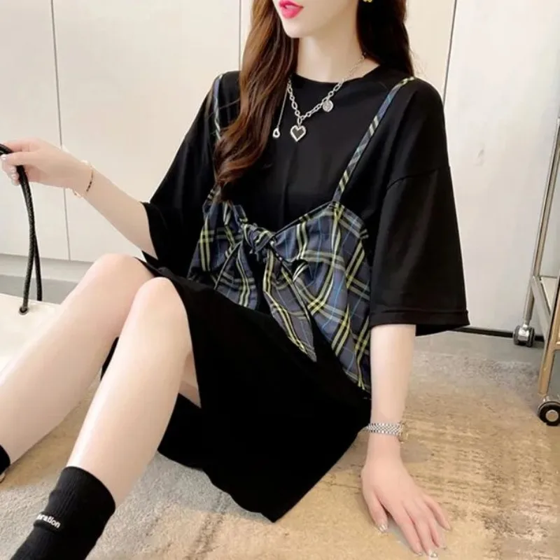 DAYIFUN-Short Sleeve T-shirts Women,Plaid Suspender Splicing,Fake Two-piece Design Tshirts,Summer,Mid Length,Korean Oversize Top