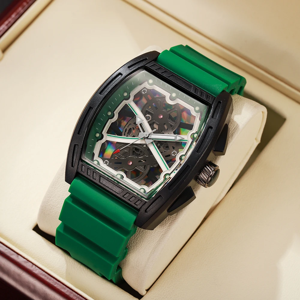 Fashion Men Black Tonneau Skeleton Quartz Watch Green Silicone Band Hollow Sports Wristwatch