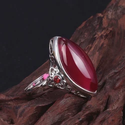 S925 silver inlaid natural red chalcedony Marquise shape rings for women retro ethnic style Wedding Jewelry adjustable