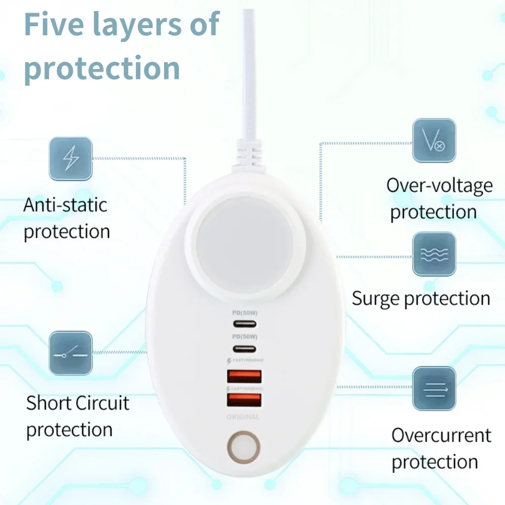 50W USB C Charger With Touch LED/ Fill Light Plug-in Charger 2 USB Port 2 TYPE-C Multi-ports Intelligent Fast Charging Charger