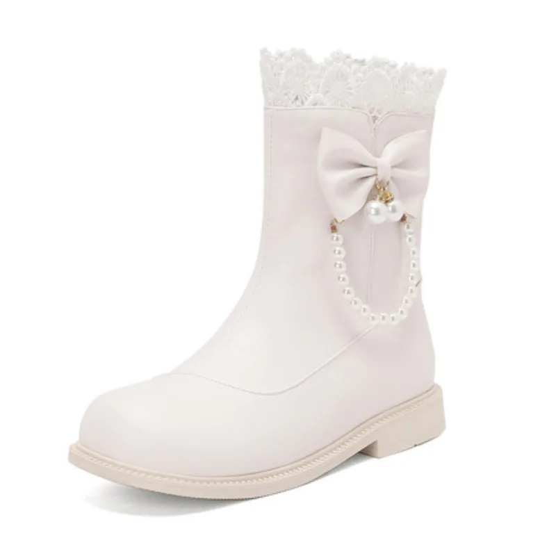 المرأة لطيف الأحذية الجانب سستة حذاء بكعب سميك جولة تو الدانتيل Bowknot حذاء من الجلد الفتيات الأميرة تأثيري فستان الحفلات أحذية موحدة #5