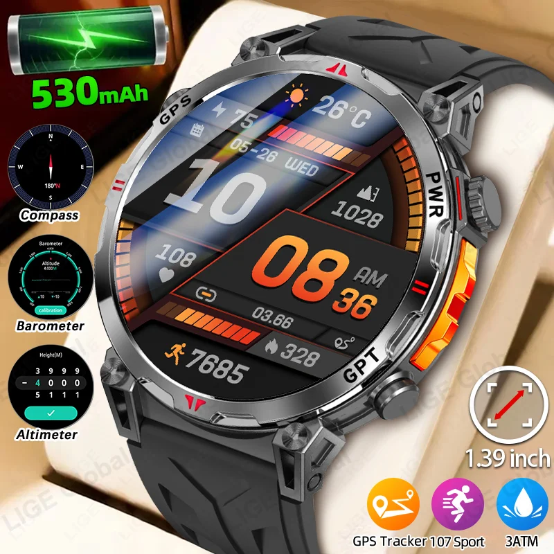 

LIGE NEW GPS Smartwatch 1.39" HD Screen Compass Barometric Altimeter 530mAh Battery Voice Calling Smart Watch 3ATM Waterproof