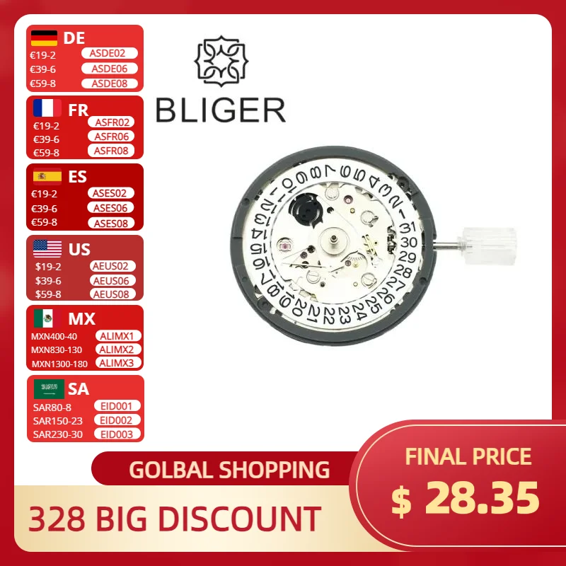 BLIGER High Accuracy Japan NH35 Mechanical Automatic Movement White Date For Watch Modified Replacement Parts 3.0/3.8 CROWN 3.8