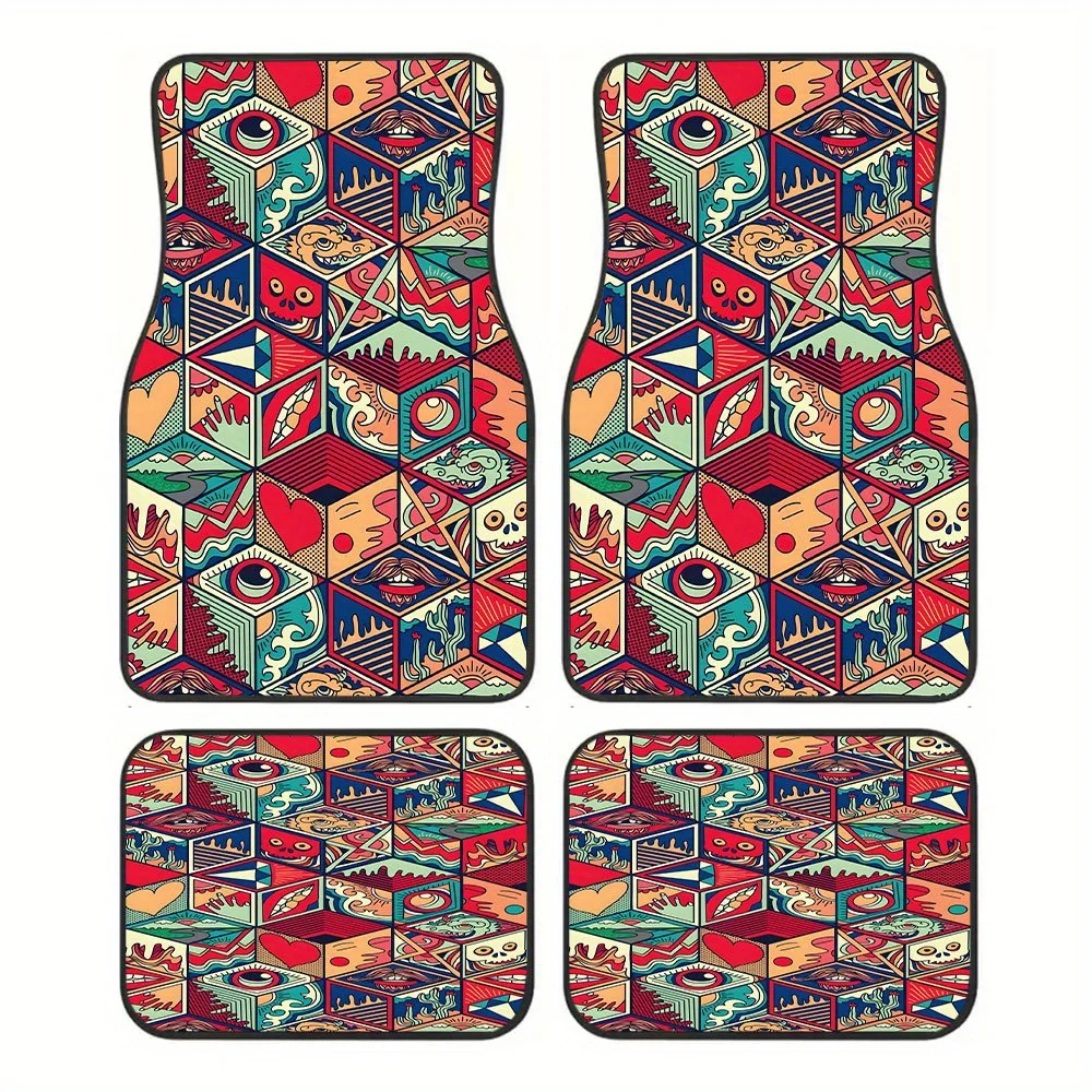 A Collection Of Four Abstract Geometric Design Car Floor Mats, Appropriate For Both Front And Back Seats, Crafted From Polyester