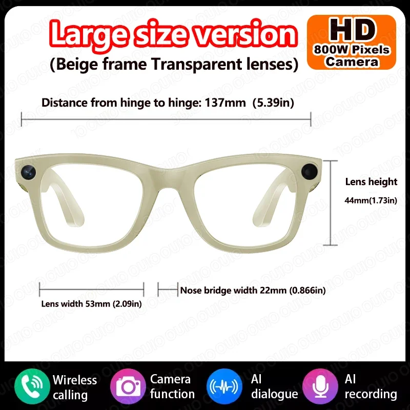 1080P HD 800W Camera Smart Glasses Video Record Translation AI Smart Touch Control Type-C Interface Smart Glasses Bluetooth Call