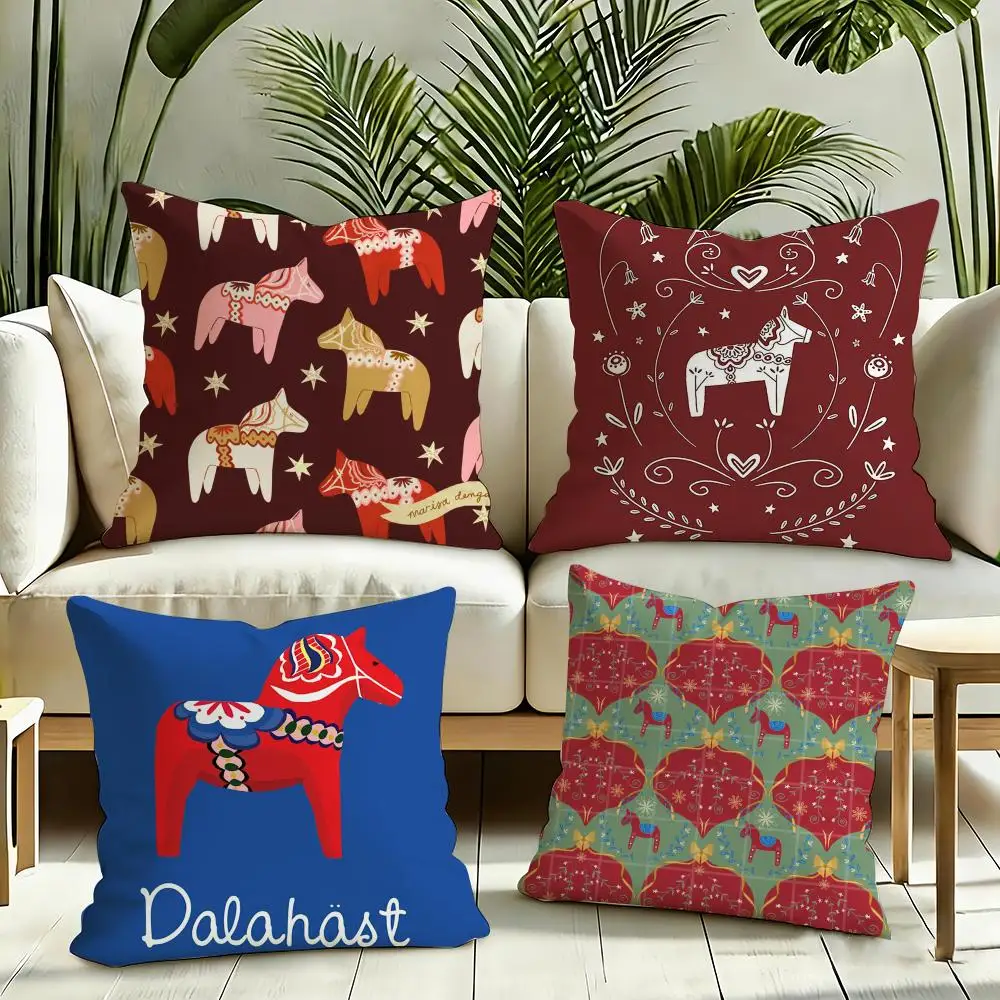 Dala Horse Print Cushion Cover Reversible Plush Pillow Cover Soft Fluffy  Home Decor for Sofa Bedroom