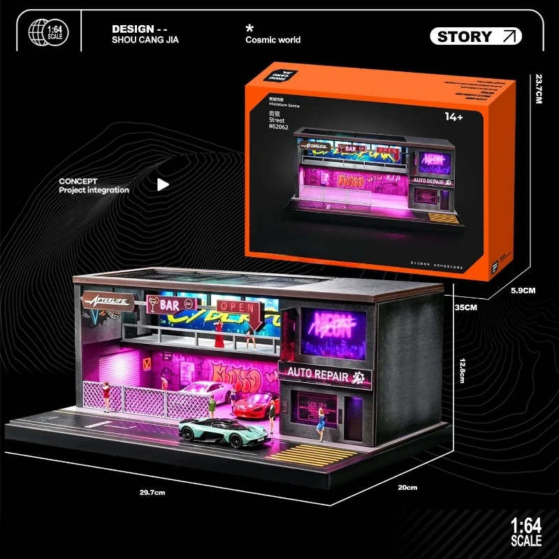 Simulation 1:64 PUNK Parking Lot Scene Model Mini Car Storage Acrylic Dust Cover Figurine Display Ornament Home Decor