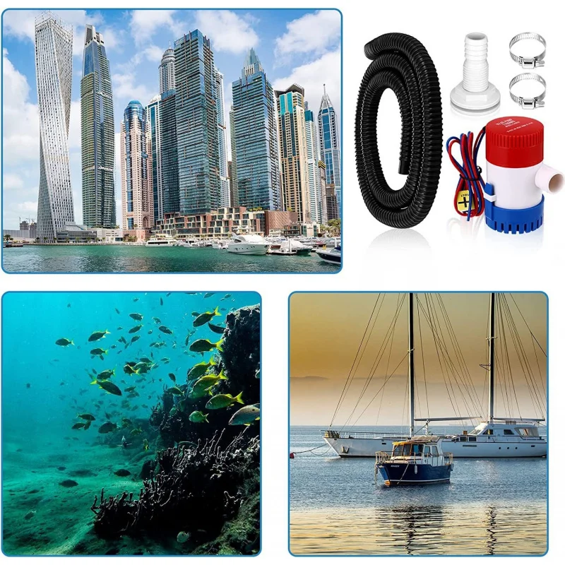 1100GPH 12V Bilge Pump Kit 1.8m Hose Clamps Straight Connector Water Pump for Boat Yacht RV Mini Submersible Drain