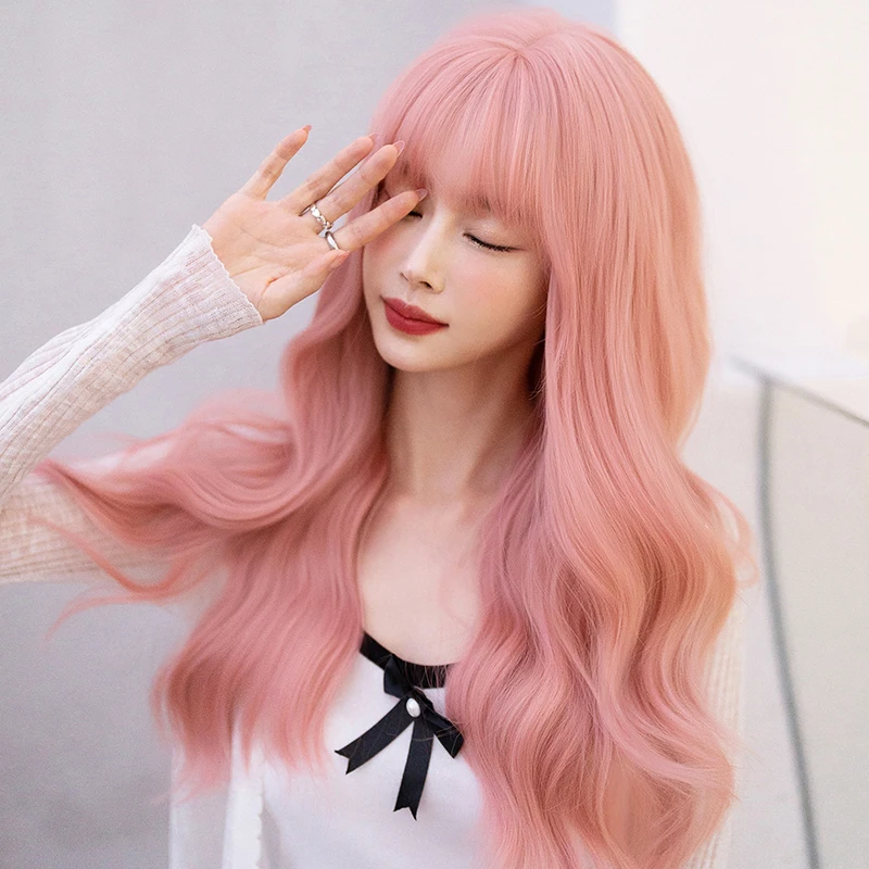 NAMM Long Wavy Curly Wigs Synthetic Sakura Pink Wig With Bangs Cosplay Daily Party Wig for Women Heat Resistant Hair Lolita Wigs