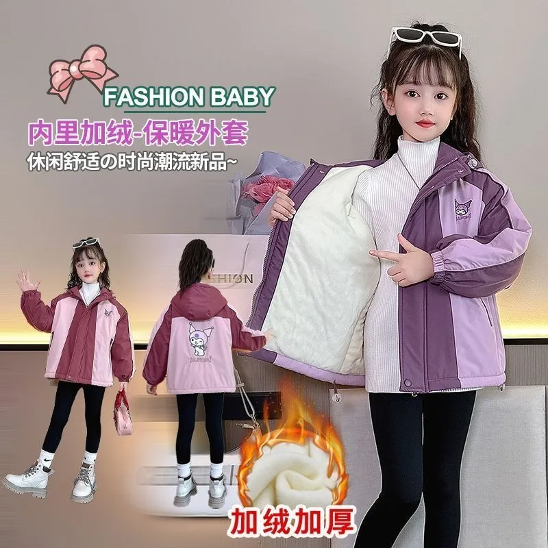 

Sanrio Kuromi Matching Top Cardigan Coat Winter Style Kids Fashionable One-piece Plush Outdoor Jacket Loose Style Clothes Gifts