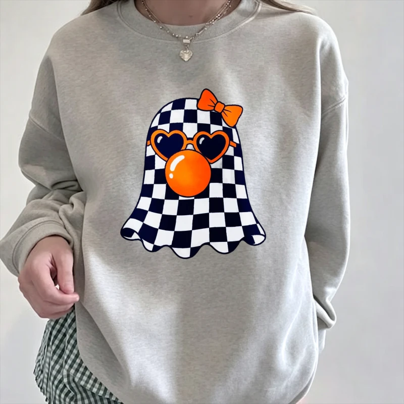 Cute Checkered Ghost with Heart Sunglasses Bow Bubblegum Halloween Print Pullover Casual Fit Cotton Blend Streetwear Unisex Tops