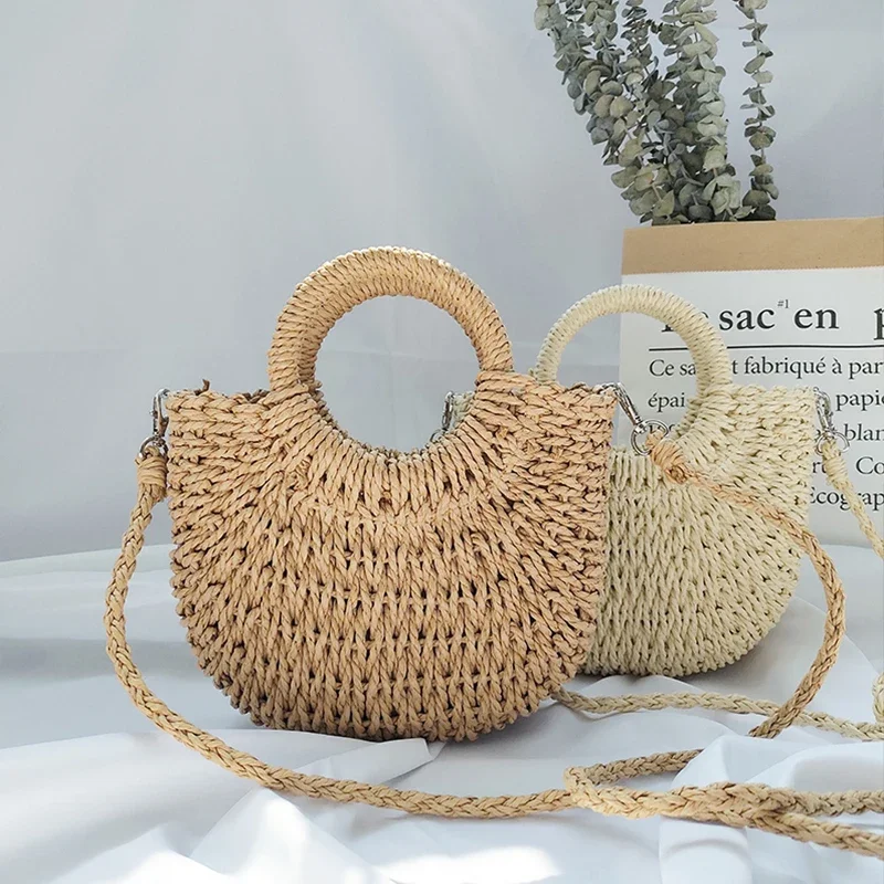 Handmade Half-Round Rattan Woven Straw Bag Summer Women Messenger Crossbody Bags Girls Small Beach Handbag Vegetable Basket