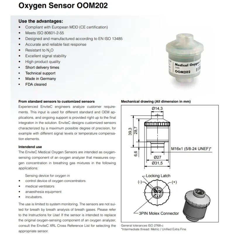 Envitec Medical Oxygen Sensor Ogniwo O2 (bateria tlenu, sonda tlenu) OOM202