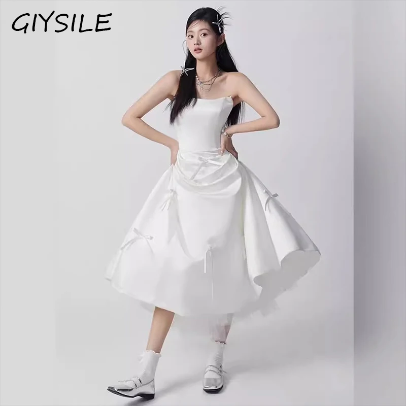 

GIYSILE Sheath Satin Light Wedding Simple White Bridal Outdoor Wedding Shooting Bowknot Dress 2024 New Dresses Evening Dresses