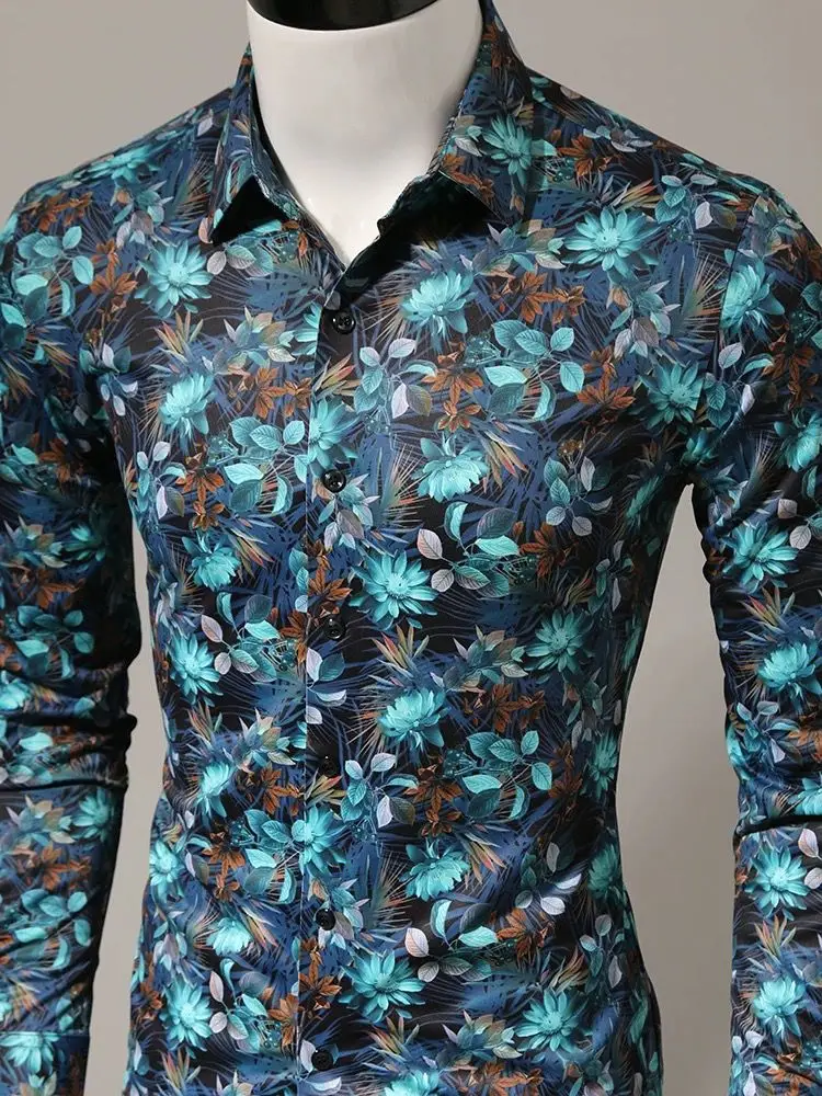 Men Slim Fit Printed Long Sleeve Shirt Vintage Floral Stylish Top