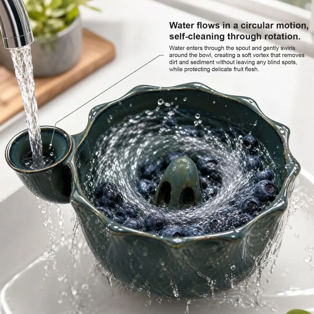 Ceramic Berry Washing Bowl, with Side Pouring Spout And Drain Holes Design, Self Spinning Strainer, for Strawberries Blueberries