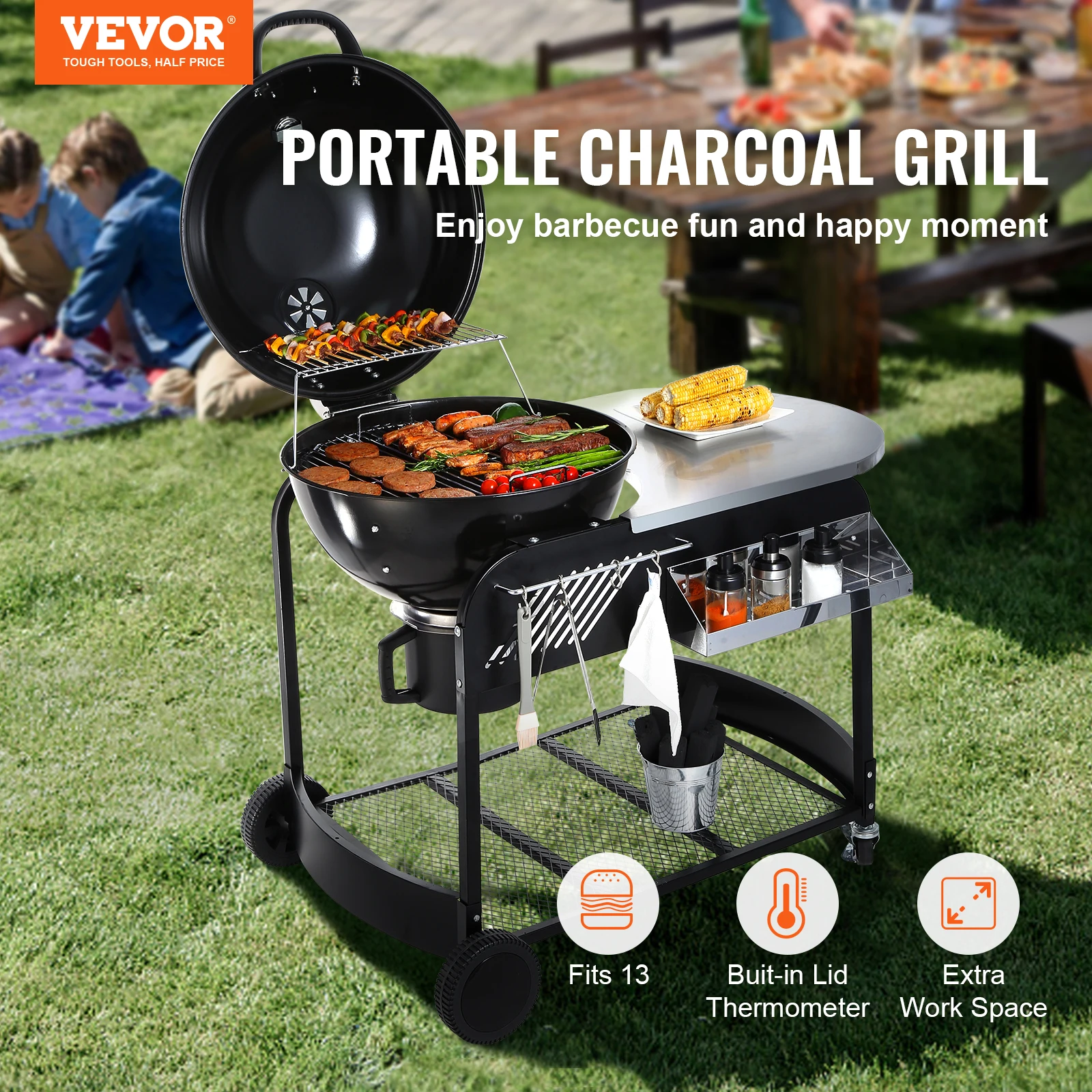 VEVOR 21in Portable Charcoal Grill, Propane Gas Kettle Grills w/ Cover and Cart, Heavy Duty Iron BBQ Grill, Freestanding Smoker