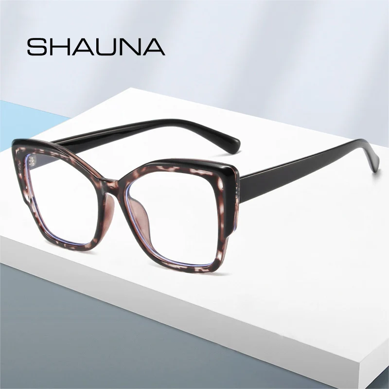 SHAUNA Retro Colorful Leopard Cat Eye Women TR90 Glasses Frame Clear Anti Blue Light Men Optical Eyewear