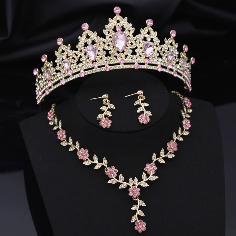 Prinzessinnen-Tiara-Set mit Strass-Blumen-Halskette und Ohrringen für Hochzeit, Krone, Abendparty, Ball, Schmucksets, Accessoires