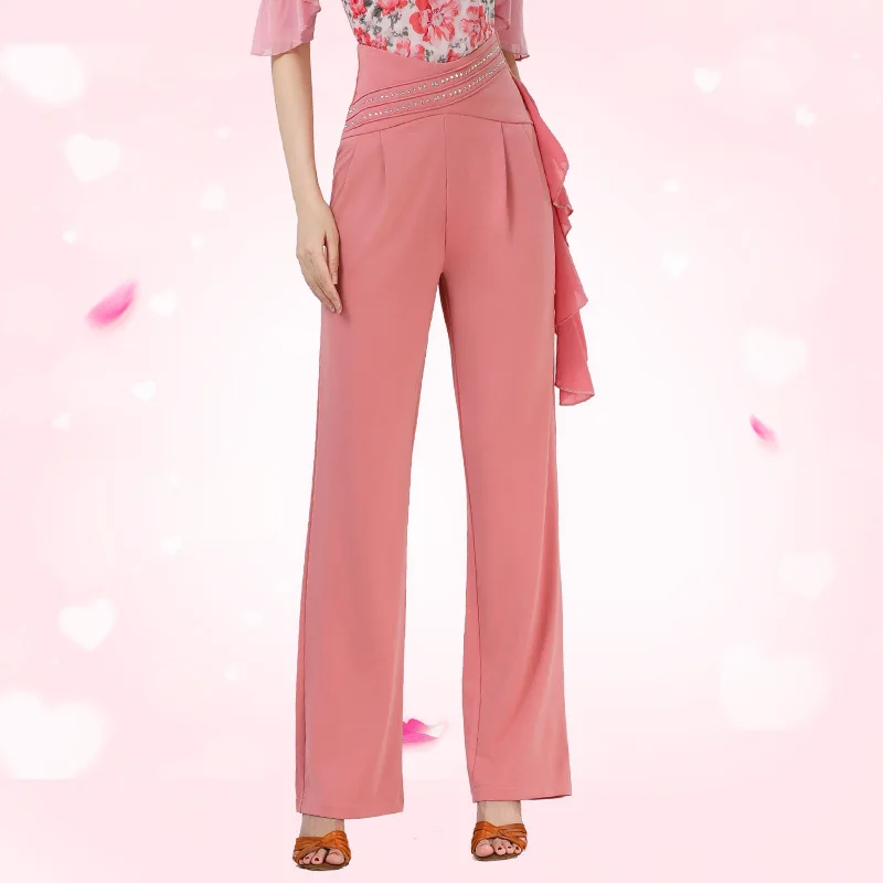 여성용 리본 하이 웨이스트 라틴 댄스 바지, 스트레이트 레그 바지, Jiteba 세일러 댄스 바지, 현대 무용 연습 볼룸 코스튬