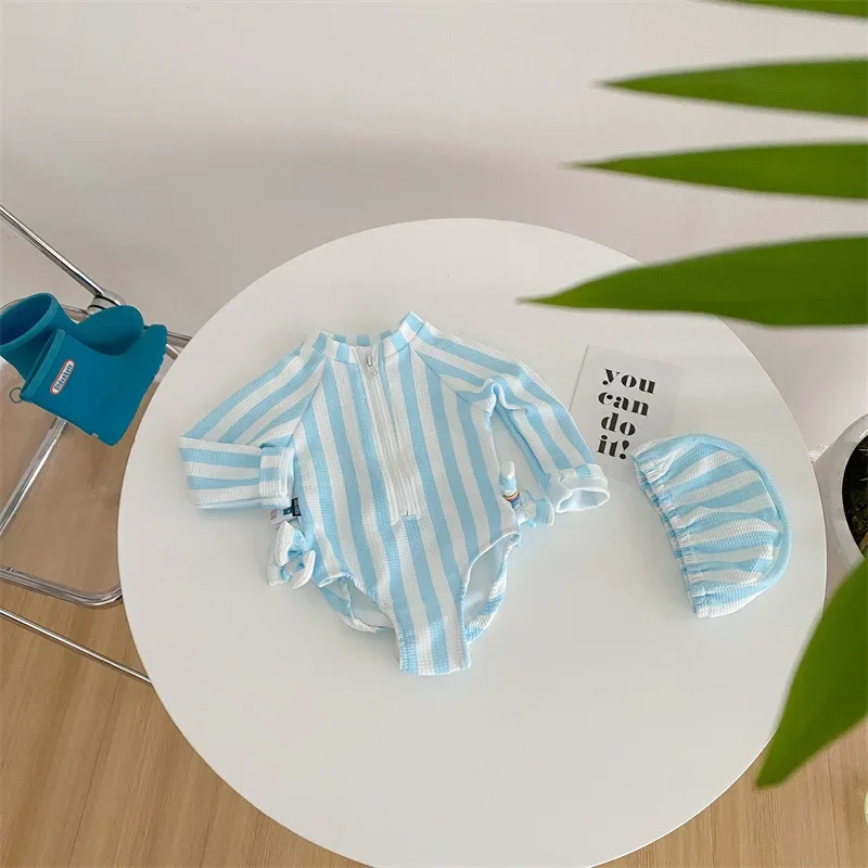 Baby Girls Striped Swimwear With Swimming Caps 2025 Summer Children Long Sleeve Swimsuits Korean Style